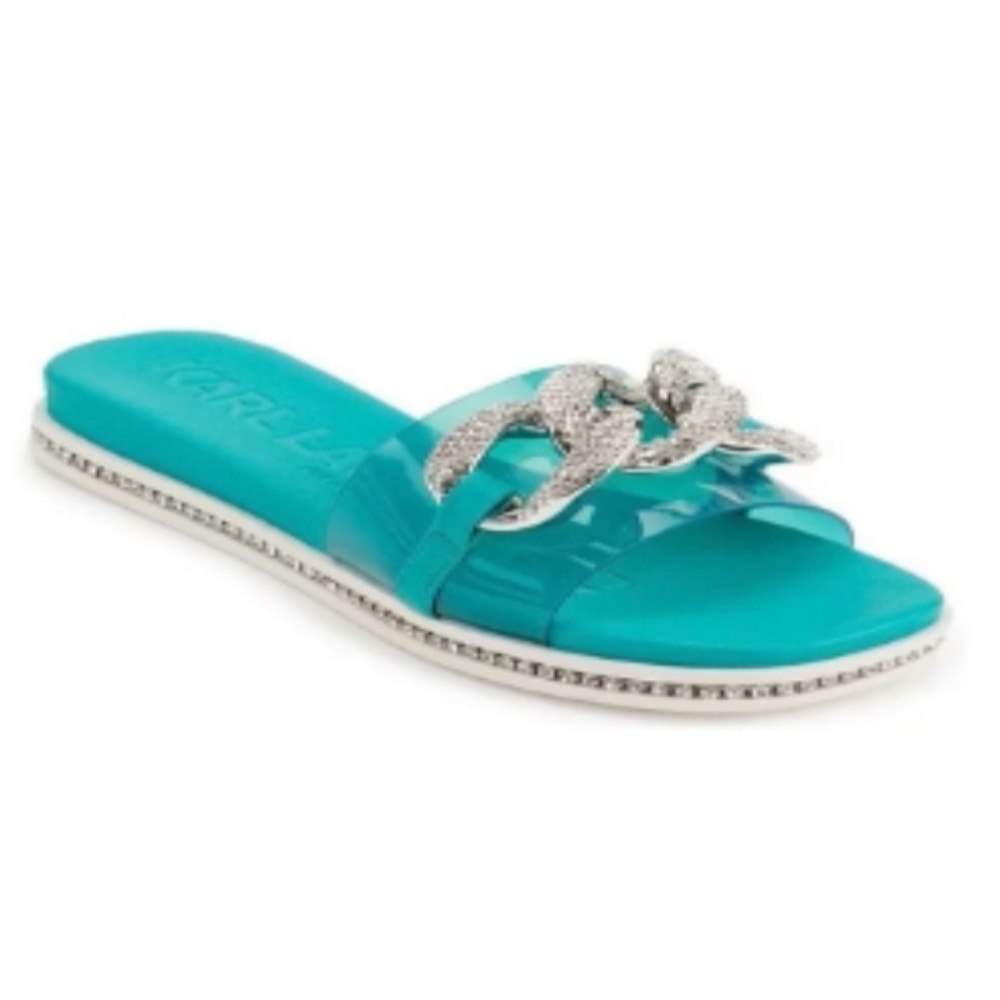 Karl Lagerfeld Jazelle Rhinestone Chain Slides Blue Sz 9.5 - Picture 8 of 11